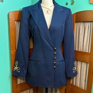 Elegant Blue Women's Blazer & Skirt set with Gold Embroidery